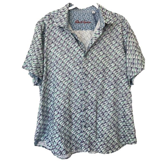 Robert Graham Shirt Button Down Short Sleeve Green Blue Cotton 2XL - Picture 1 of 7